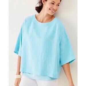 J. Jill Pure Jill Linen Top Womens LP Blue Boxy Oversized Natural Lagenlook